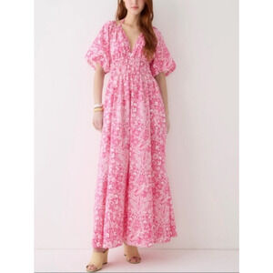New J Crew Collection Open Back Smocked Waist Pink Mermaid Floral Maxi Dress M